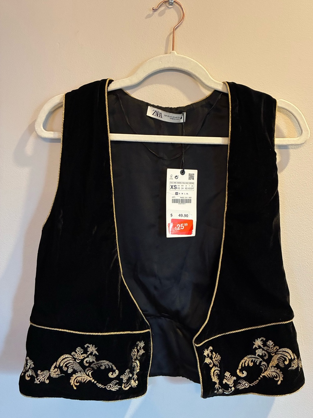 Zara Velvet Black Vest with Gold Embroidery